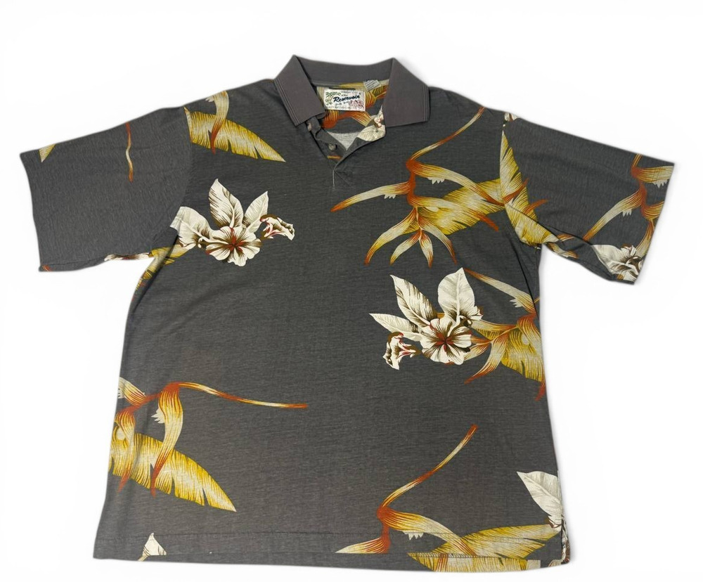 Reservoir Hawaiian Polo Shirt Mens Large Gray Floral Tropical Short Sleeve